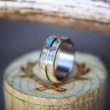 "GOLDEN" - BUCKEYE BURL WOOD & TURQUOISE WEDDING BAND - TITANIUM - SIZE 10 1/2-2