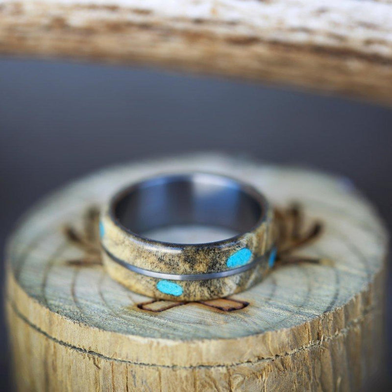 "GOLDEN" - BUCKEYE BURL WOOD & TURQUOISE WEDDING BAND - TITANIUM - SIZE 10 1/2-3