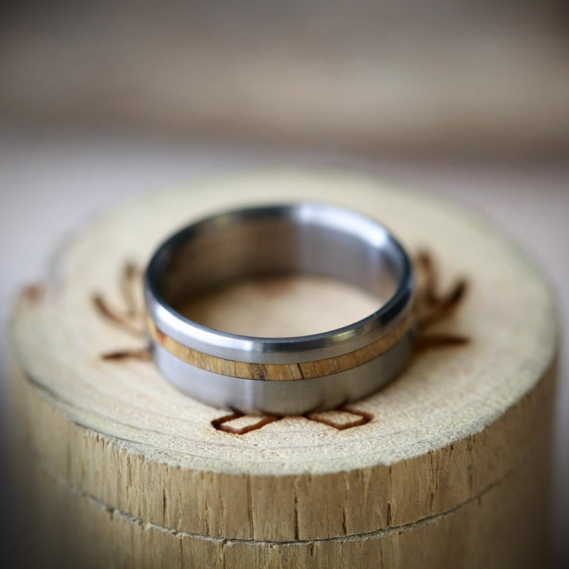 "VERTIGO" IN TITANIUM AND OFFSET SPALTED MAPLE (available in titanium, silver, black zirconium, damascus steel & 14K white, rose or yellow gold) - Staghead Designs - Antler Rings By Staghead Designs