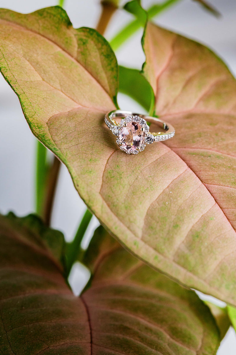 "OPHELIA" - ROUND CUT MORGANITE ENGAGEMENT RING WITH DIAMOND HALO & ACCENTS