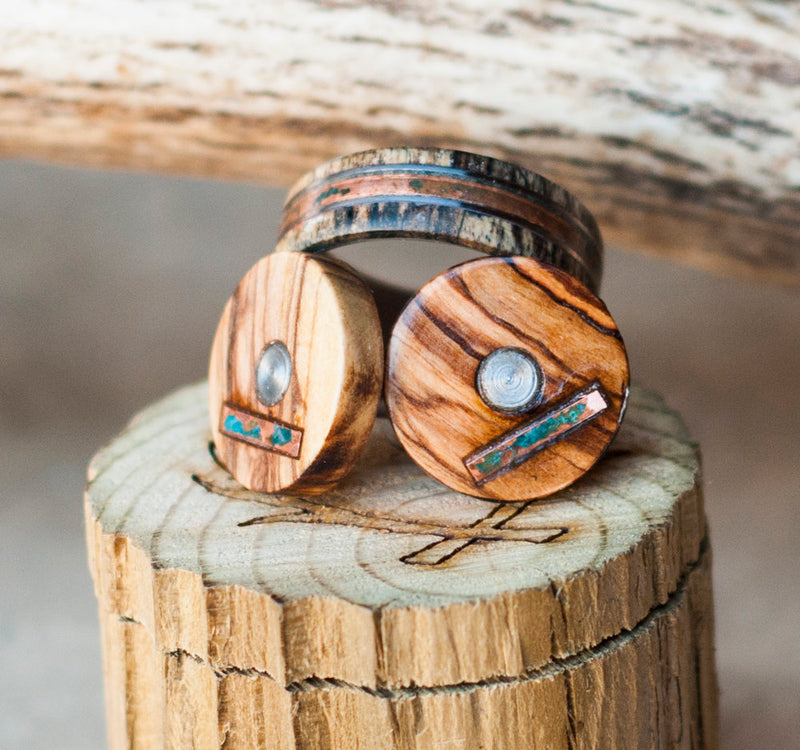AUTHENTIC BETHLEHEM OLIVE WOOD CUFFLINKS WITH PATINA COPPER INLAYS (available with gold plated bases) - Staghead Designs - Antler Rings By Staghead Designs