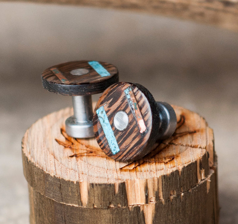 WENGE WOOD CUFFLINKS w/ TURQUOISE & PATINA COPPER INLAYS (available with gold plated bases) - Staghead Designs - Antler Rings By Staghead Designs