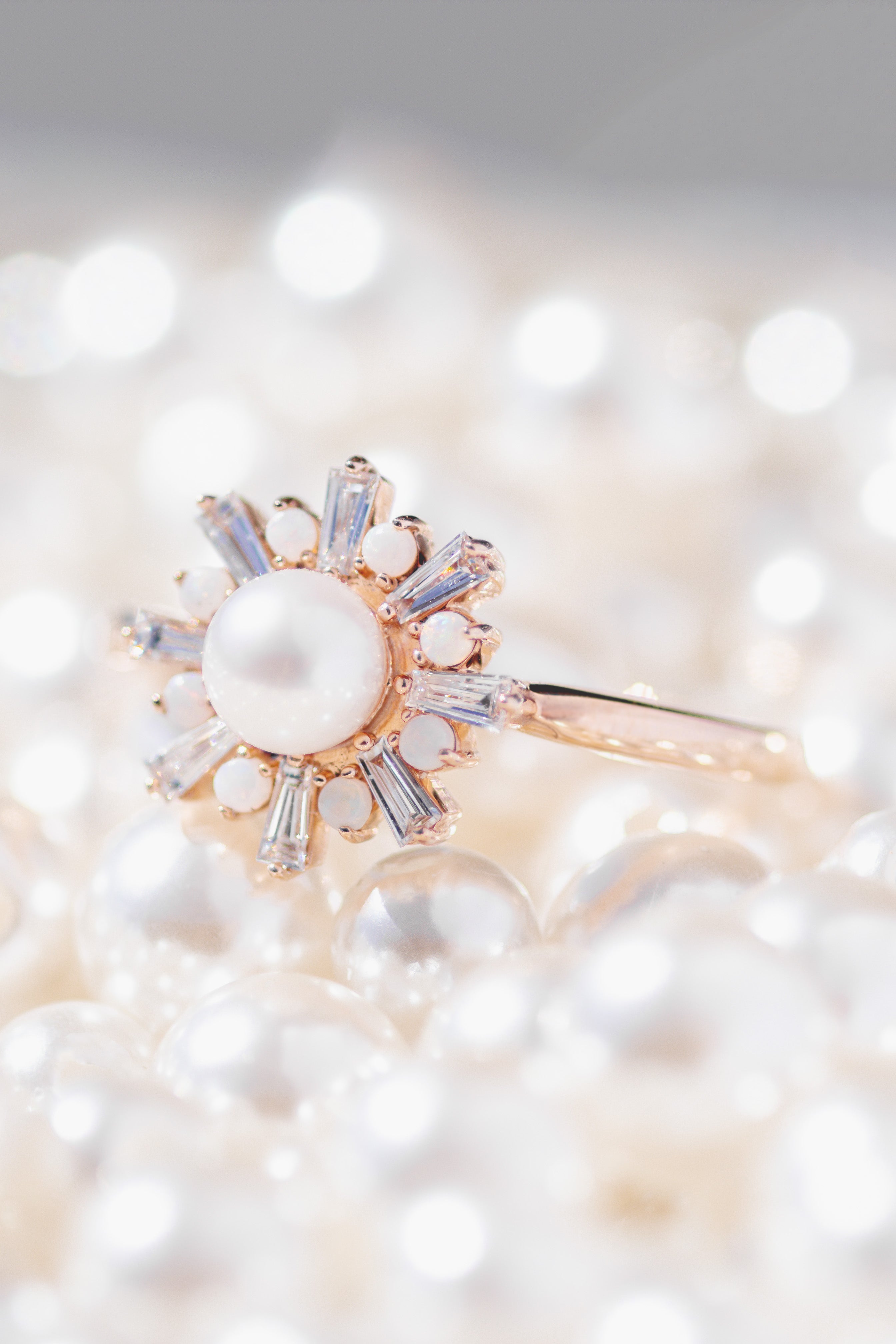 "DOROTHEA" - WHITE AKOYA PEARL ENGAGEMENT RING WITH DIAMOND & OPAL ACCENTS-14