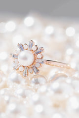 "DOROTHEA" - WHITE AKOYA PEARL ENGAGEMENT RING WITH DIAMOND & OPAL ACCENTS