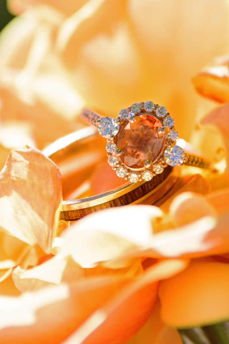 "OPHELIA" - OVAL SUNSTONE ENGAGEMENT RING WITH DIAMOND HALO & ACCENTS