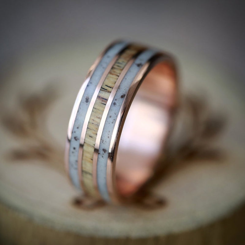 Shown here is  "Rio", a custom, handcrafted men's wedding ring featuring an elk antler and spalted maple inlays, shown here on a rose gold band. Additional inlay options are available upon request.-"RIO" IN ELK ANTLER & SPALTED MAPLE HAND SET ON 14K GOLD WEDDING BAND (available in 14K rose, white & yellow gold) - Staghead Designs - Antler Rings By Staghead Designs