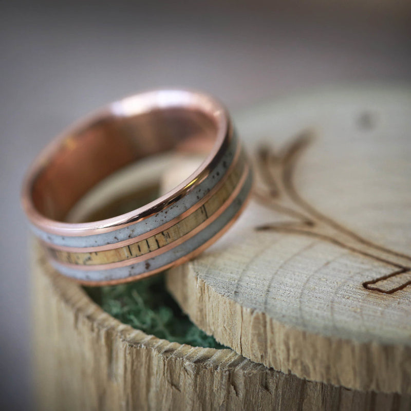 "RIO" IN ELK ANTLER & SPALTED MAPLE HAND SET ON 14K GOLD WEDDING BAND (available in 14K rose, white & yellow gold) - Staghead Designs - Antler Rings By Staghead Designs