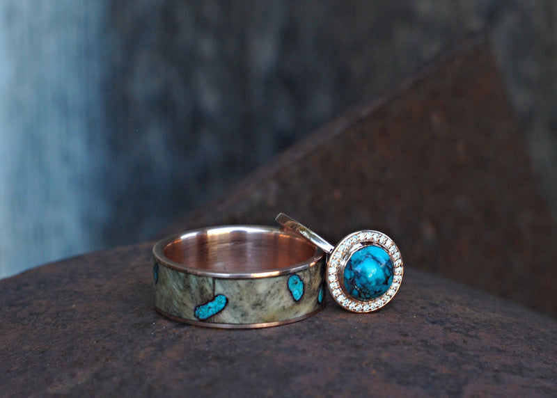 BUCKEYE BURL RING WITH TURQUOISE INLAYS (available in titanium, silver, black zirconium, damascus steel & 14K white, rose, or yellow gold) - Staghead Designs - Antler Rings By Staghead Designs