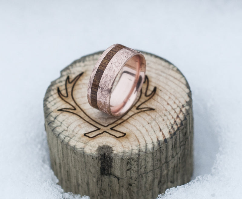 "VERTIGO" IN CROSSHATCHED 14K GOLD & WOOD INLAY (available in 14K rose, yellow, & white gold) - Staghead Designs - Antler Rings By Staghead Designs