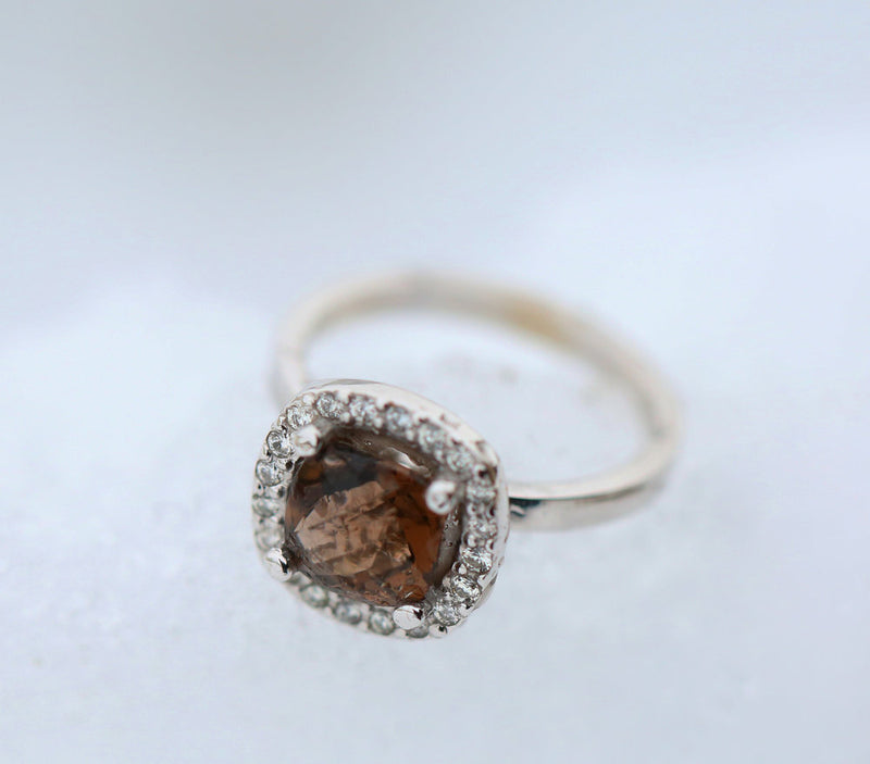 CUSTOM DESIGNED SMOKEY QUARTZ ENGAGEMENT RING WITH DIAMOND HALO (available in 14K rose, yellow, or white gold) - Staghead Designs - Antler Rings By Staghead Designs