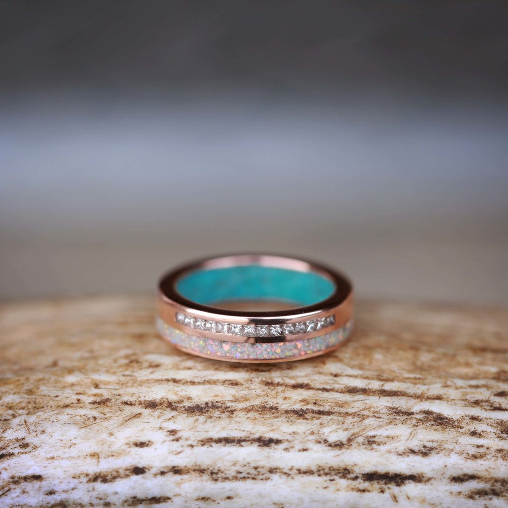 WOMEN'S 14K GOLD RING WITH OPAL, DIAMOND & TURQUOISE INLAYS-2