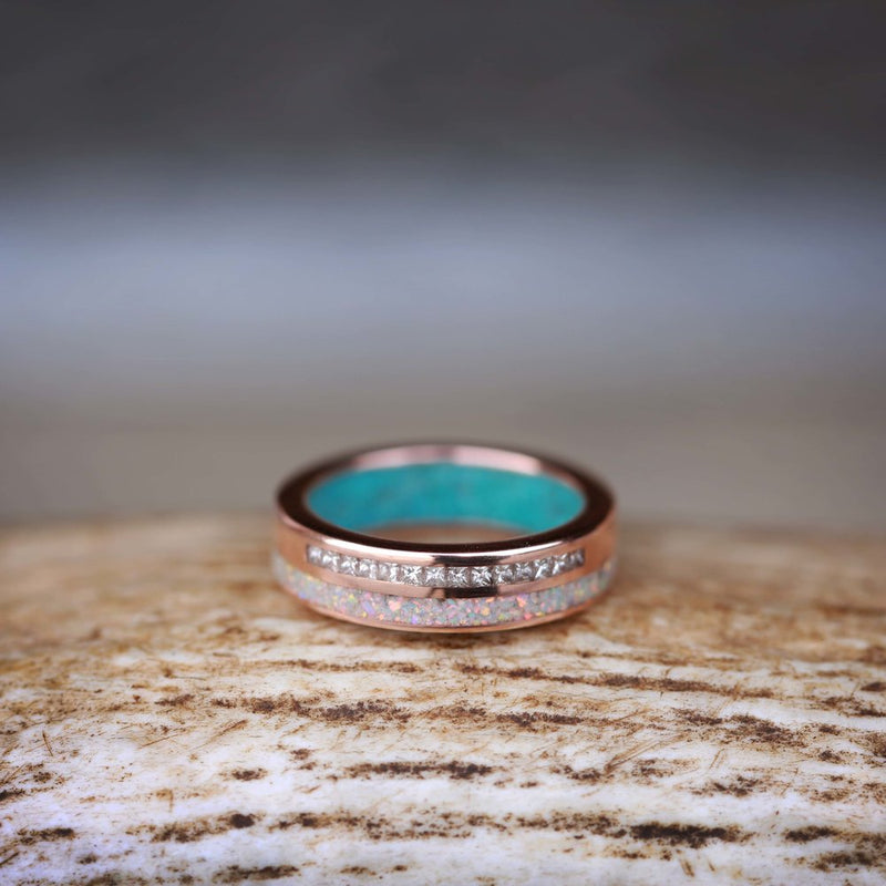 WOMEN'S 14K GOLD RING WITH OPAL, DIAMOND, AND TURQUOISE INLAYS (available in 14K white, rose or yellow gold) - Staghead Designs - Antler Rings By Staghead Designs