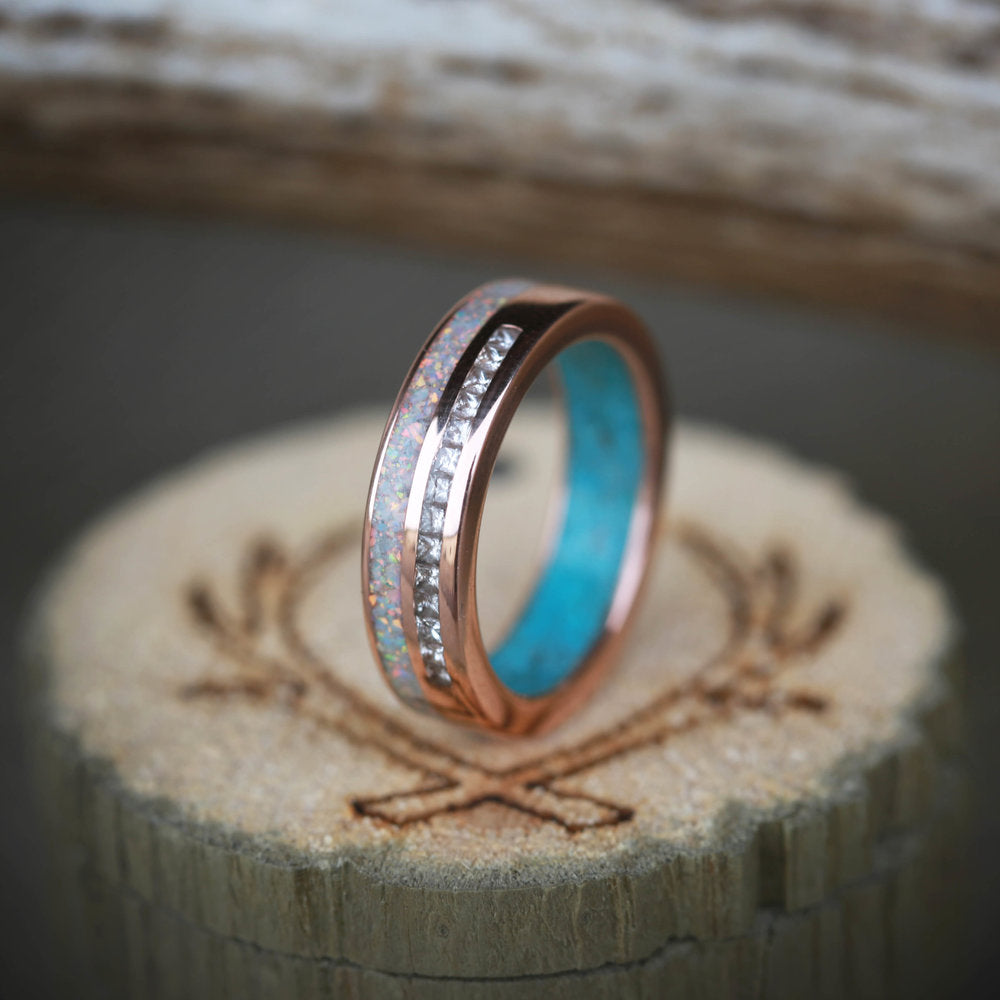 WOMEN'S 14K GOLD RING WITH OPAL, DIAMOND & TURQUOISE INLAYS-4