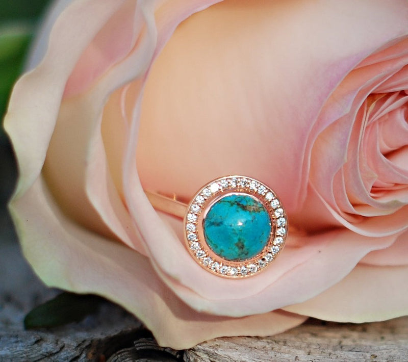 "TERRA" ENGAGEMENT RING IN 14K GOLD & TURQUOISE WITH DIAMOND HALO (available in 14K rose, white or yellow gold) - Staghead Designs - Antler Rings By Staghead Designs
