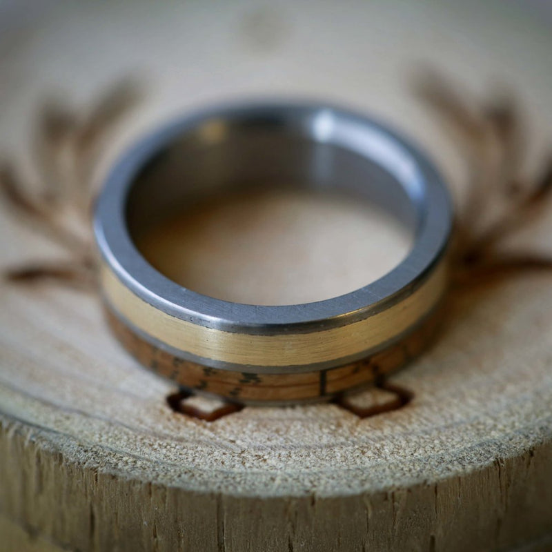 WHISKEY BARREL & 14K GOLD WEDDING BAND (available in titanium, silver, black zirconium, damascus steel & 14K white, rose, or yellow gold) - Staghead Designs - Antler Rings By Staghead Designs
