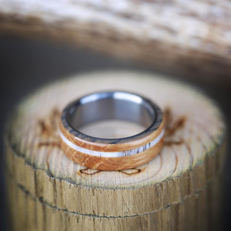 "REMMY" - WHISKEY BARREL OAK & ANTLER WEDDING BAND - READY TO SHIP-8