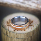 "REMMY" WEDDING RING IN AUTHENTIC WHISKEY BARREL WOOD & ELK ANTLER INLAY (available in titanium, silver, black zirconium & 14K white, rose, or yellow gold) - Staghead Designs - Antler Rings By Staghead Designs