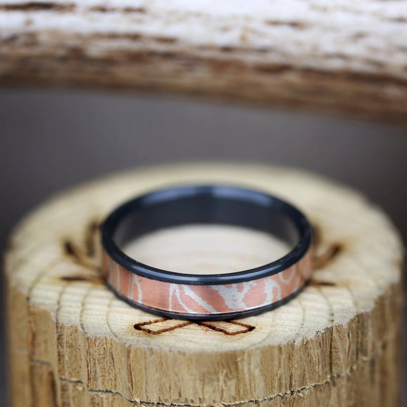"RAINIER" IN MOKUME GANE COPPER SET ON BLACK ZIRCONIUM (available in black zirconium, silver, damascus steel & 14K white, yellow, or rose gold) - Staghead Designs - Antler Rings By Staghead Designs