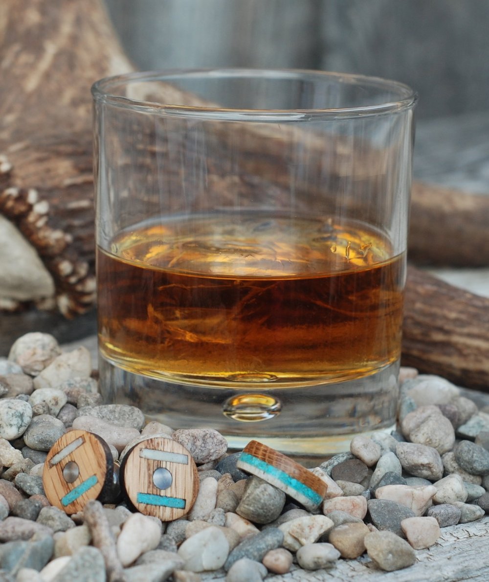 "ARGOS" - WHISKEY BARREL OAK, TURQUOISE & ANTLER WEDDING BAND-16