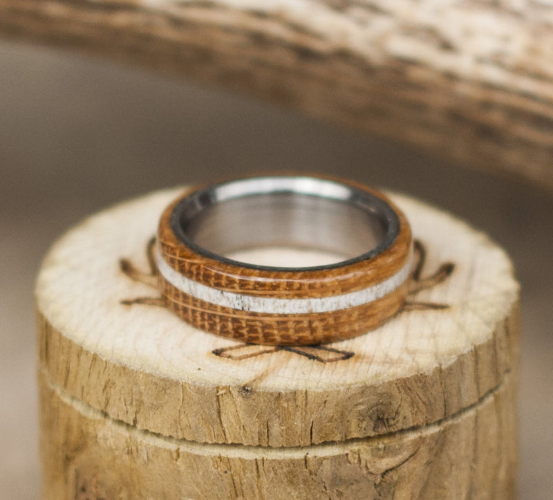 "REMMY" - WHISKEY BARREL OAK & ANTLER WEDDING BAND - READY TO SHIP-6