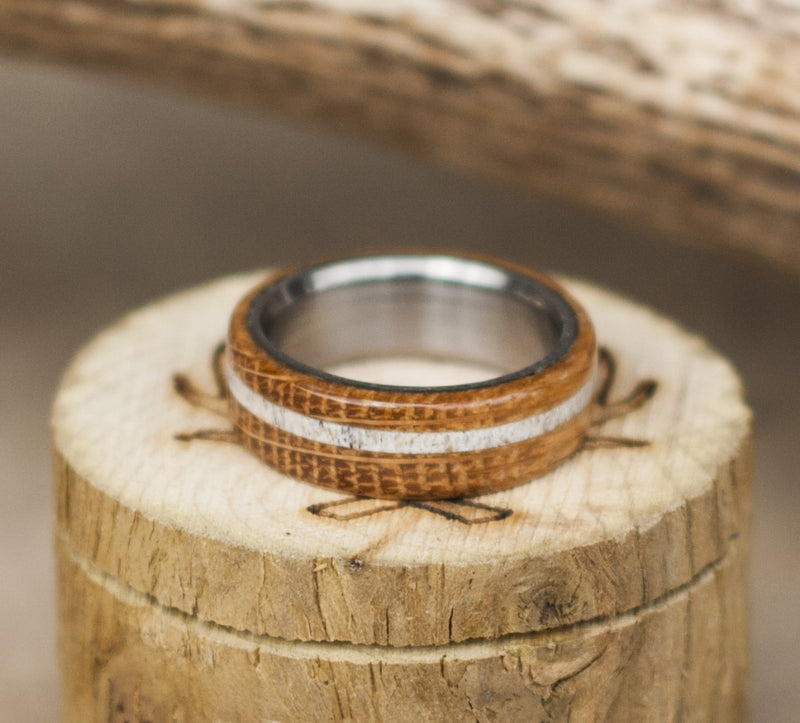 "REMMY" WEDDING RING IN AUTHENTIC WHISKEY BARREL WOOD & ELK ANTLER INLAY (available in titanium, silver, black zirconium & 14K white, rose, or yellow gold) - Staghead Designs - Antler Rings By Staghead Designs