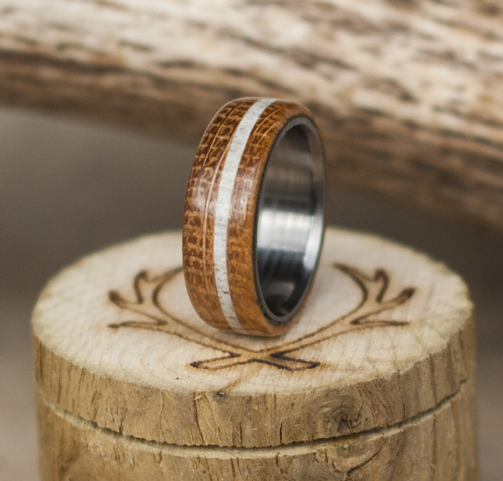 "REMMY" - WHISKEY BARREL OAK & ANTLER WEDDING BAND - READY TO SHIP-4